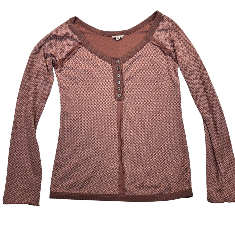 POL Womens Mauve Pink Checkered Long Sleeve Henley Star Button Top HFT234 Small